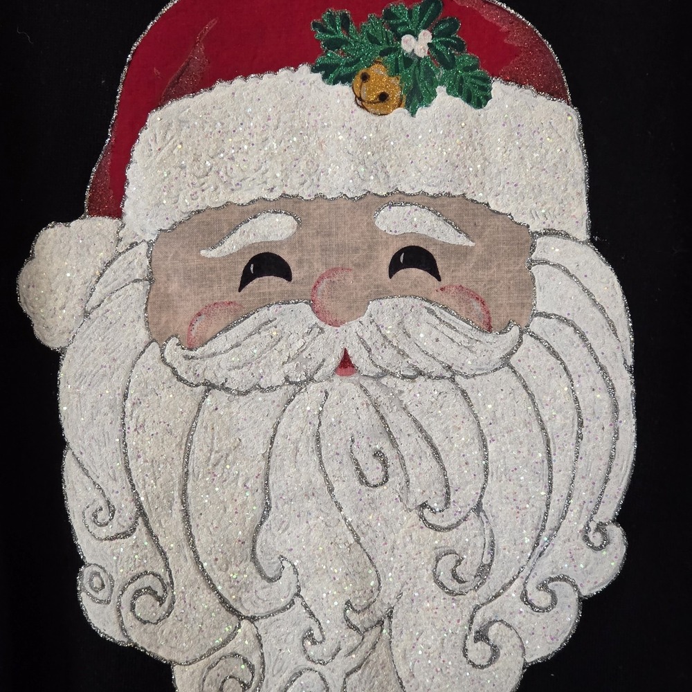 Vintage Christmas Sweatshirt 2XL Black Fleece Crewneck Santa Glitter Holiday - Picture 3 of 9